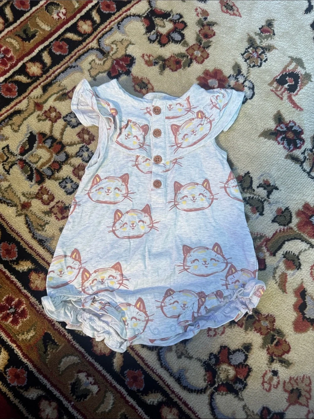 deux par deux Gray Romper with Pink and Yellow Cat Faces